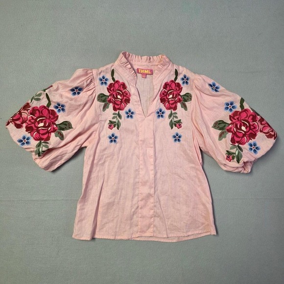 THML Tops - THML linen Women Small Pink Floral Embroidered Puff Sleeve Blouse Top